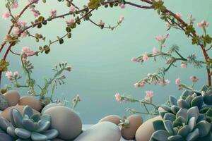 Pink Flowers, Green Succulents, and Smooth Stones on a Mint Background photo