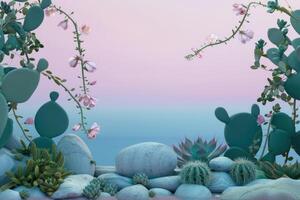 Pink Flowers and Succulents Arranged Around Smooth Stones photo