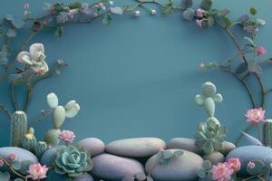 Delicate Pink Flowers and Succulents on Grey Stones Against a Blue Background photo