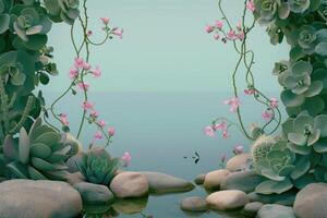 Pink Flowers and Succulents Frame a Still Pond with Rocks photo