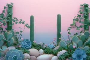 Succulents and Cacti on a Pink and Blue Gradient Background photo
