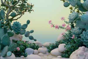 A Colorful Composition of Succulents, Cactus, Pink Flowers and Smooth White Rocks photo