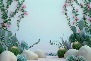 Cactus, Succulents, and Pink Flowers in a Minimalist Setting photo