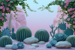 Desert Oasis with Pink Flowers, Cacti, and Succulents photo