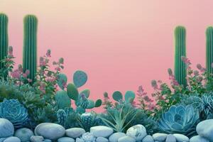 Desert Oasis with Cactus and Succulents on a Pink Background photo