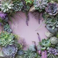 Succulents and Flowers Arranged in a Circular Pattern on a Pale Pink Background photo