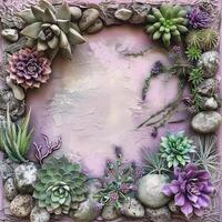 Succulents and Stones with Purple Flowers on a Textured Background photo