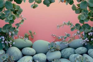 A Frame of Green Leaves, Pink Flowers, and Smooth Stones photo