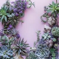 A Pink Background Framed by a Variety of Succulents and Plants photo