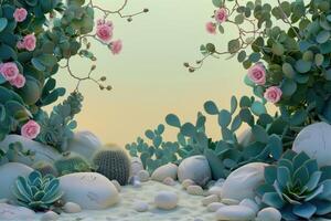 A Desert Oasis with Succulents and Pink Roses photo