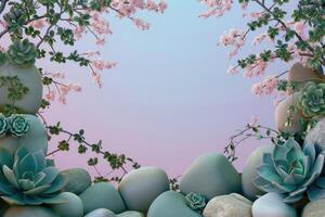 Floral and Succulent Arrangement with Smooth Stones against a Soft Gradient Background photo