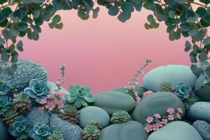 Pink Flowers and Succulents Resting on Smooth Stones with Eucalyptus Branches Framing a Pink Background photo