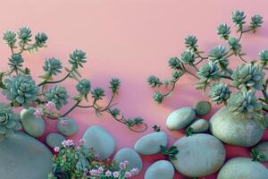 Pink Background with Green Succulents, Pink Flowers, and Smooth Stones photo