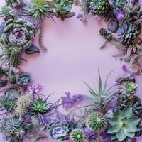 A Frame of Succulents and Purple Flowers on Pink Background photo