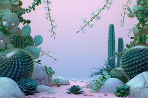 A Desert Oasis With Green Cacti and Flowers photo