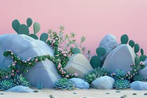 Desert Oasis with Cactus, Rocks, and Pink Flowers photo