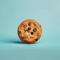 Close-up of a freshly baked chocolate chip cookie isolated on a blue background. Concept for bakery, dessert, sweet treat, and delicious snack. photo