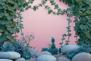 Succulents and Cactus Frame Pink Background photo