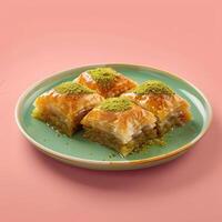 Pistachio Baklava Dessert. Closeup of four pieces of baklava on a green plate with pistachio sprinkles on top. Delicious Turkish pastry photo