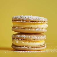 Two lemon macarons with white frosting and lemon curd filling on a yellow background. Gourmet pastry and dessert photography. photo