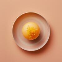 Single orange cupcake with orange zest on top, on a light pink plate against a peach colored backdrop. Top view. photo