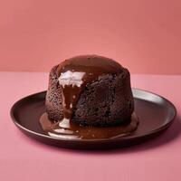 Close-up of a decadent chocolate pudding with rich chocolate sauce on top. Dessert, sweet, delicious, homemade, recipe. photo