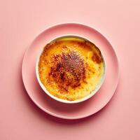 Close up of a creamy Creme Brulee with a perfectly caramelized sugar crust, served on a pink saucer with a pink background. photo