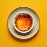Close up of a creamy Creme Brulee with a perfectly caramelized sugar crust, served on a pink saucer with a pink background. photo
