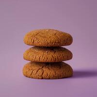 Stack of three homemade brown sugar cookies on a purple background, fresh baked and ready to eat. photo