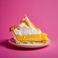 Slice of Lemon Meringue Pie on a White Plate with Pink Background, Dessert Food Photography photo