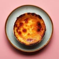 Closeup of a delicious creme brulee with a caramelized sugar crust, on a blue plate, isolated on a pink background. photo