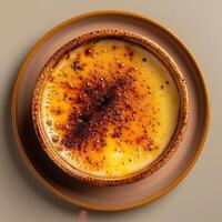 Close-up of a perfectly caramelized creme brulee with a crispy crust photo