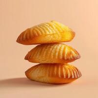 Three delicious Maamoul cookies stacked on a beige background. Middle Eastern pastry filled with dates, pistachios, or walnuts. A perfect Ramadan treat. photo