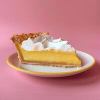 Slice of delicious homemade lemon meringue pie on a plate against a pink background. Concept of sweet treats, desserts, and bakery goods. photo