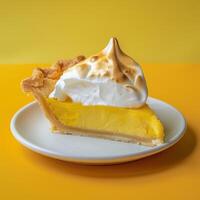 Slice of lemon meringue pie on white plate with yellow background. Delicious and sweet dessert perfect for a summer treat. photo
