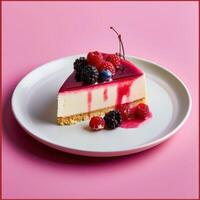 Slice of cheesecake with fresh berries and raspberry sauce. Dessert on a white plate. photo