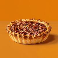 Delicious Homemade Pecan Pie, Isolated on Orange Background. photo