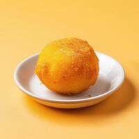 Closeup of a deep-fried orange with crispy orange zest and a sweet glaze on a small white plate, yellow background. Delicious dessert or snack. photo