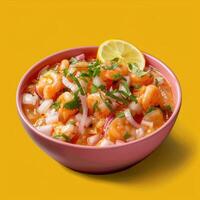 Close up of a bowl of ceviche with shrimp, onions, cilantro, and lime on a bright yellow background. Mexican cuisine, seafood, appetizer photo