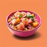 Fresh and delicious shrimp ceviche with red onion, cilantro, and mango. Traditional Peruvian food in a pink bowl on an orange background. photo
