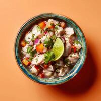 Peruvian Ceviche. Fresh fish cured in lime juice, onions, cilantro, and peppers. Delicious and healthy traditional Peruvian dish. photo