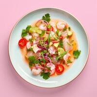 Delicious Peruvian Ceviche with Shrimp, Fish, and Avocado photo