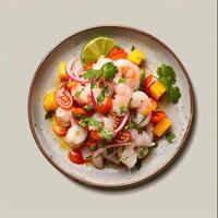 Close up of a Peruvian Ceviche dish with shrimp, fish, tomatoes, onions, cilantro, and lime juice photo