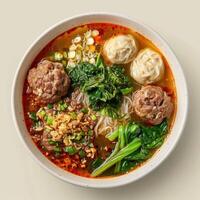 Spicy Beef Noodle Soup with Meatballs and Dumplings, Asian Cuisine Food Photography photo