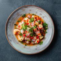 Close-up of delicious shrimp ceviche with red onion, cilantro, and chili peppers on a white plate. photo