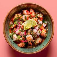 Fresh seafood ceviche with lime, cilantro, red onion, and chili peppers. Delicious and colorful Latin American dish for a healthy meal. photo