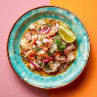 Shrimp Ceviche with Radish, Lime, and Herbs on a Turquoise Plate photo