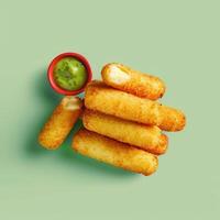 Golden brown cheese sticks with a side of green dipping sauce. Appetizer food for a party or snack. photo