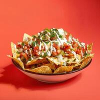 Close up of a large bowl of loaded nachos with cheese, sour cream, salsa, guacamole, and jalapenos. Mexican food snack, appetizer, or meal. photo