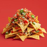 Close up of a mountain of nachos with salsa, a popular Mexican dish. photo